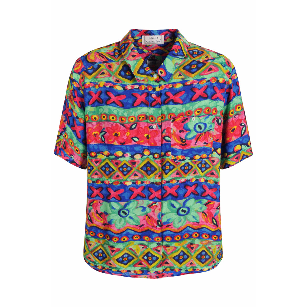 Laura Katherine Vintage 90s Bright Abstract Rayon Shirt Travel Fun L